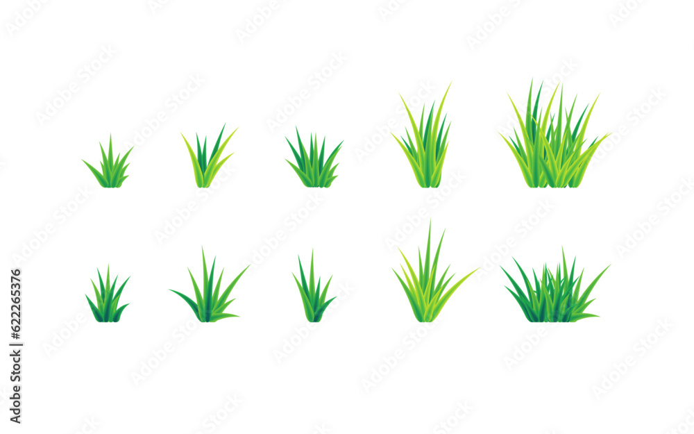 Set of realistic cartoon grass bunch. Green grass for field, garden or meadow. Design elements isolated on white background. Vector