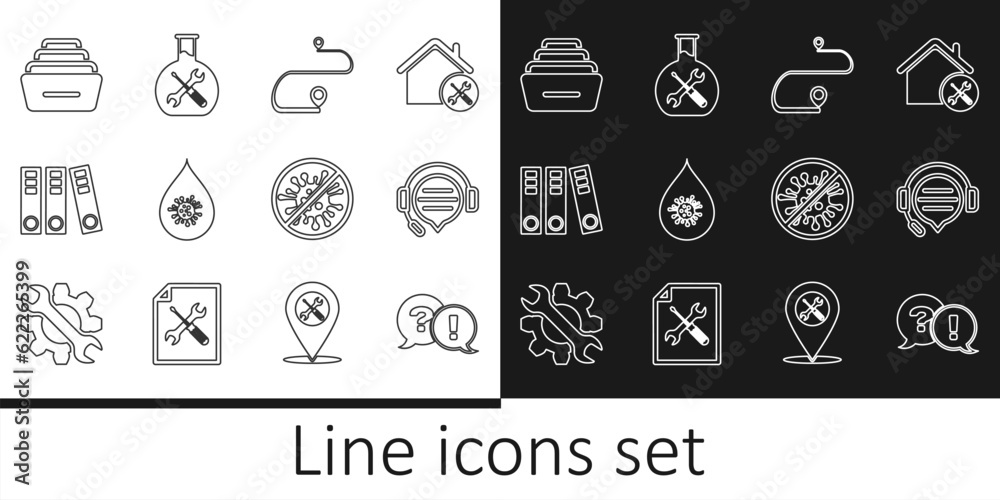 Set line Question and Exclamation, Headphones with speech bubble chat, Route location, Dirty water drop, Office folders, Drawer documents, Stop virus, bacteria and Bioengineering service icon. Vector