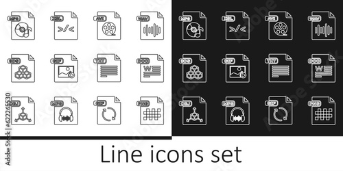 Set line PNG file document, DOC, AVI, GIF, 3DS, MP3, TXT and XSL icon. Vector
