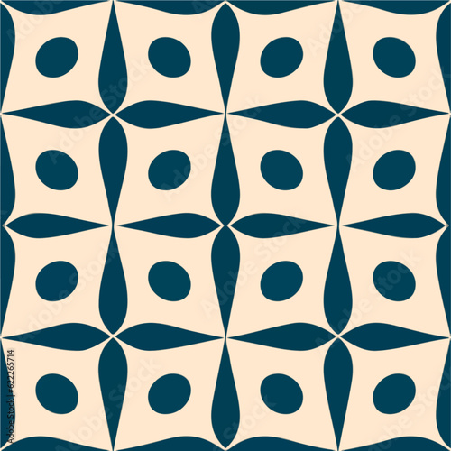 Seamless pattern design featuring circles in blue and white, exhibiting symmetry and creating a harmonious repetitive pattern.