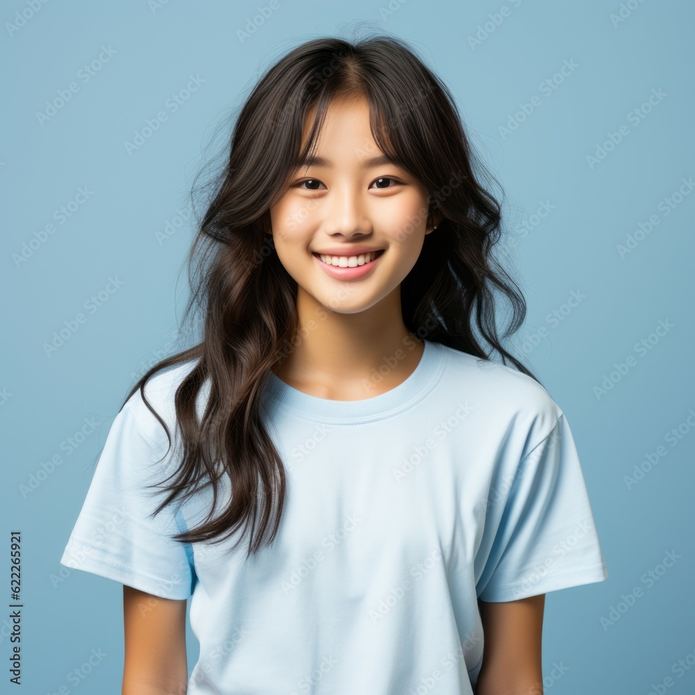 Portrait of a smiling Asian little girl with black hair on a blue background. Happy small Asian kid with a smile and long wavy hair. Cheerful white female child in a blue shirt with shiny white teeth. Portrait of a smiling Asian little girl with black hair on a blue background. Happy small Asian kid with a smile and long wavy hair. Cheerful white female child in a blue shirt with shiny white teeth.