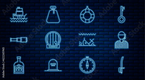 Set line Pirate sword, Sailor captain, Lifebuoy, Wooden barrel, Spyglass telescope lens, Ship, Sunken ship and sack icon. Vector