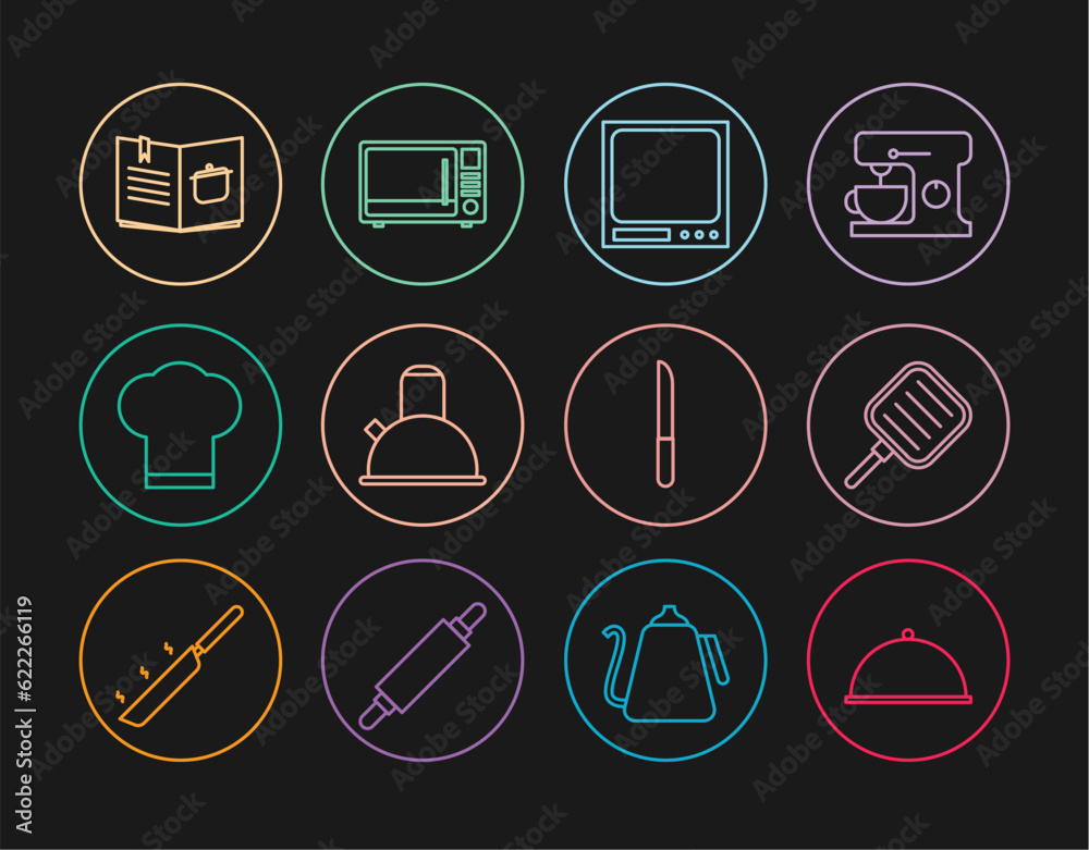 Set line Covered with tray, Frying pan, Electronic scales, Kettle handle, Chef hat, Cookbook, Knife and Microwave oven icon. Vector Set line Covered with tray, Frying pan, Electronic scales, Kettle handle, Chef hat, Cookbook, Knife and Microwave oven icon. Vector