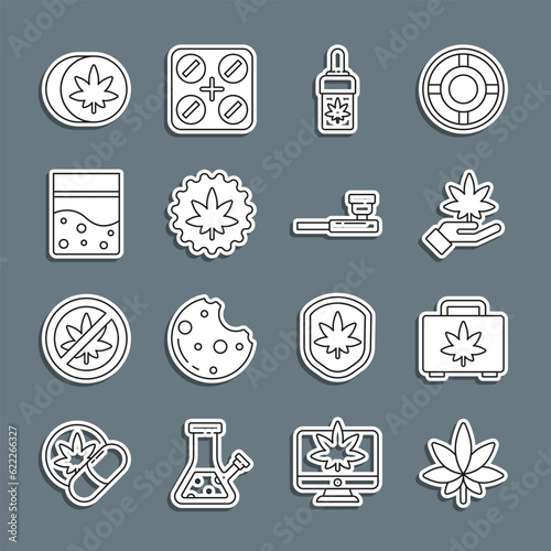 Set line Marijuana or cannabis leaf, Shopping box of marijuana, olive oil, Plastic bag, Herbal ecstasy tablets and Smoking pipe icon. Vector