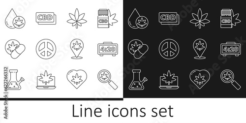Set line Magnifying glass and marijuana, Digital alarm clock, Marijuana or cannabis leaf, Peace, Herbal ecstasy tablets, olive oil, Location and Cannabis molecule icon. Vector