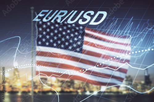 Wallpaper Mural EURO USD financial graph illustration on USA flag and blurry skyscrapers background, forex and currency concept. Multiexposure Torontodigital.ca