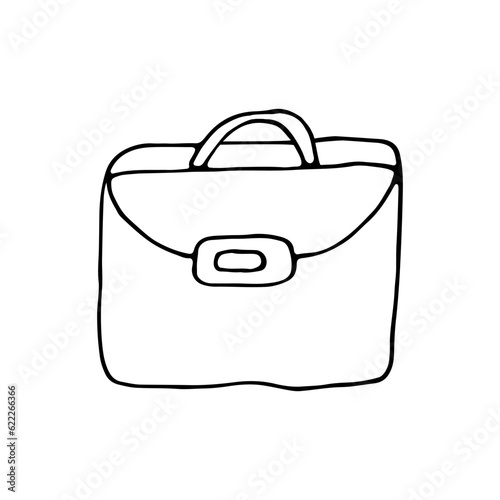 Briefcase. Rectangular bag. Leather goods. Accessory. Doodle. Vector illustration. Hand drawn. Outline.