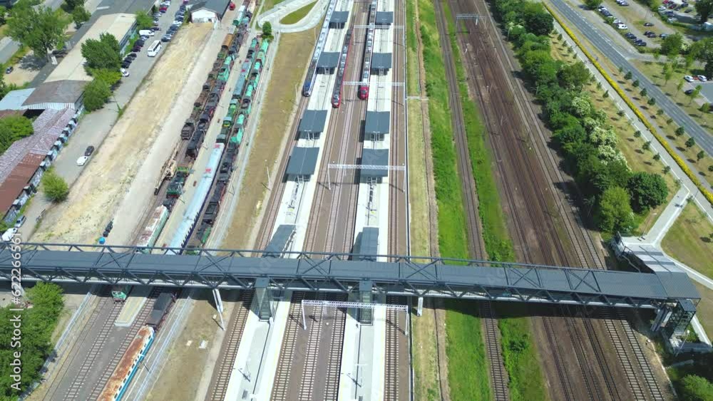 Aerial railway station. International and domestic trains does arrival and departure from here. Train platform aerial view. Aerial railway station. International and domestic trains does arrival and departure from here. Train platform aerial view.
