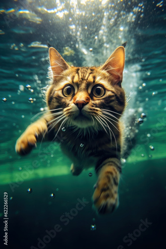 closeup wide angle underwater photo upshot of a cat underwater. cute, funny pet swims. generative ai, ai, generative