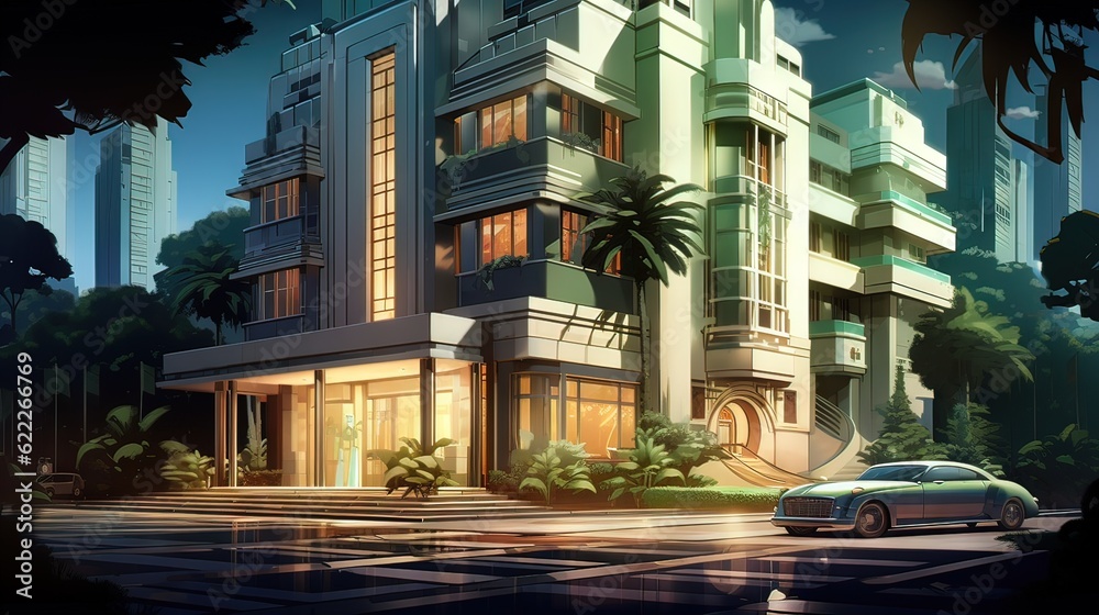 Building in the city. AI generated art illustration. Building in the city. AI generated art illustration.