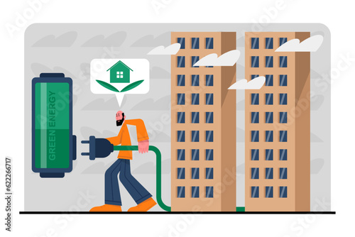 Man connects houses to green energy. Concept of rational use of natural energy for domestic needs. Environmentally conscious living. Flat vector illustration in cartoon style