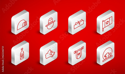 Set line Montreal Biosphere, Canadian ranger hat, Kayak or canoe, Flag of Canada, Pennant, Igloo ice house, map and Beer bottle icon. Vector