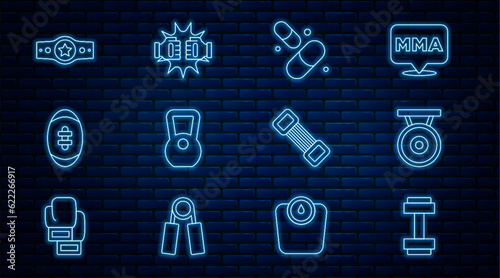 Set line Dumbbell, Gong, Vitamin pill, Kettlebell, American Football ball, Boxing belt, Chest expander and Punch boxing gloves icon. Vector