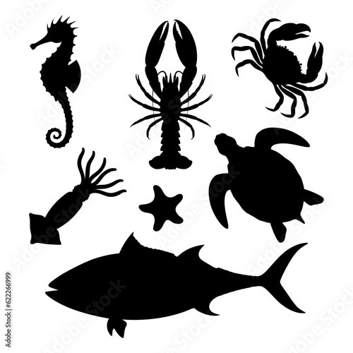 Sea animals graphic icon set. Aquatic life silhouettes isolated on white background. Sea life symbols. Vector illustration