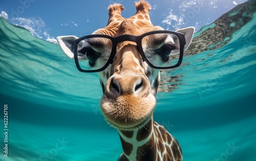 A close-up of a giraffe wearing stylish glasses. AI