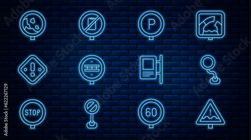 Set line Uneven road ahead sign, Road traffic, Parking, Railroad crossing, Exclamation mark triangle, warning rockfall, and No cell phone icon. Vector