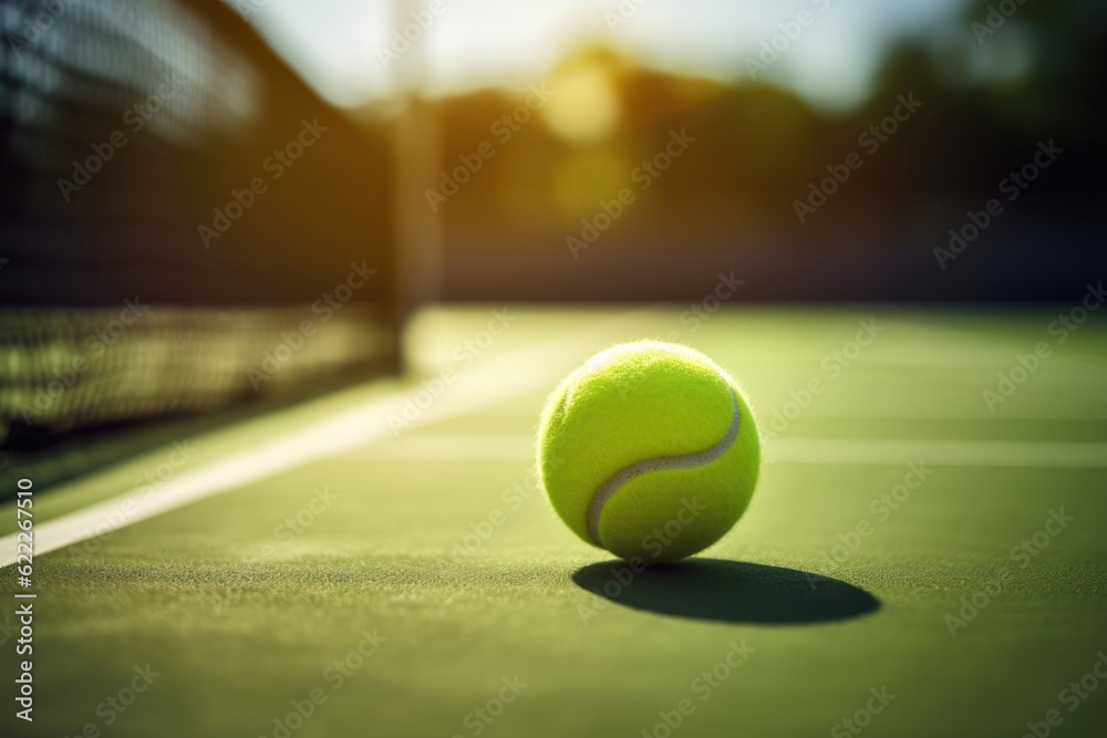 Tennis ball and racket on a court. AI generated
