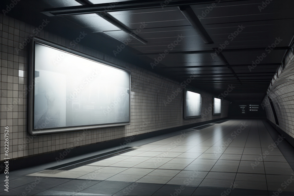 Haunting and empty subway station with a blank TV screen, a unique canvas for street art or installations. Creative potential in abandoned urban decay. AI Generative. Haunting and empty subway station with a blank TV screen, a unique canvas for street art or installations. Creative potential in abandoned urban decay. AI Generative.