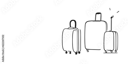 Travel suitcase in continuous line drawing style. Luggage valise with wheels and retractable handle black line sketch on white background. Vector illustration Suitcase for travel in doodle style.