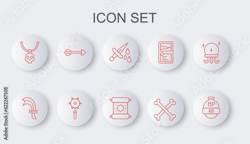 Set line Video game bar, Sword for, with blood, Crossed human bones, Necklace amulet, Arrow, Medieval chained mace ball and Decree, parchment, scroll icon. Vector
