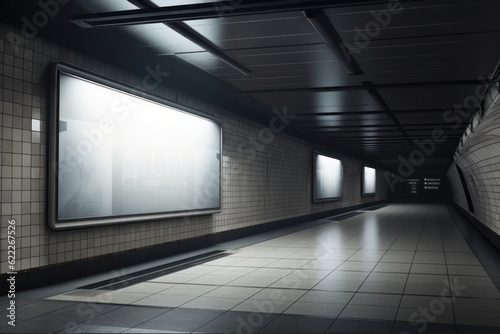 Haunting and empty subway station with a blank TV screen, a unique canvas for street art or installations. Creative potential in abandoned urban decay. AI Generative.