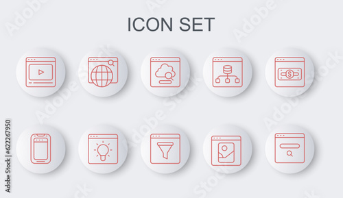 Set line Search engine, Mobile phone, Cloud technology data transfer, Photo retouching, Online play video, Browser window and icon. Vector