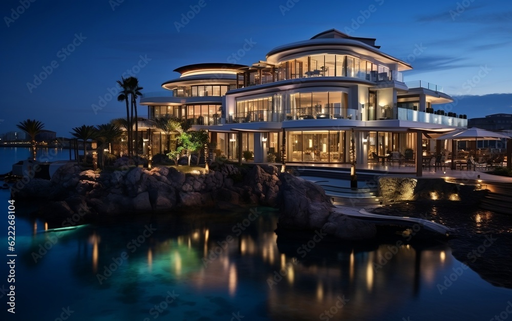 A majestic coastal cliff with a grand building perched on top overlooking the ocean. AI