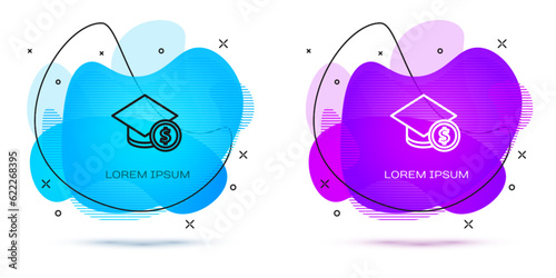 Line Graduation cap and coin icon isolated on white background. Education and money. Concept of scholarship cost or loan, tuition or study fee. Abstract banner with liquid shapes. Vector.