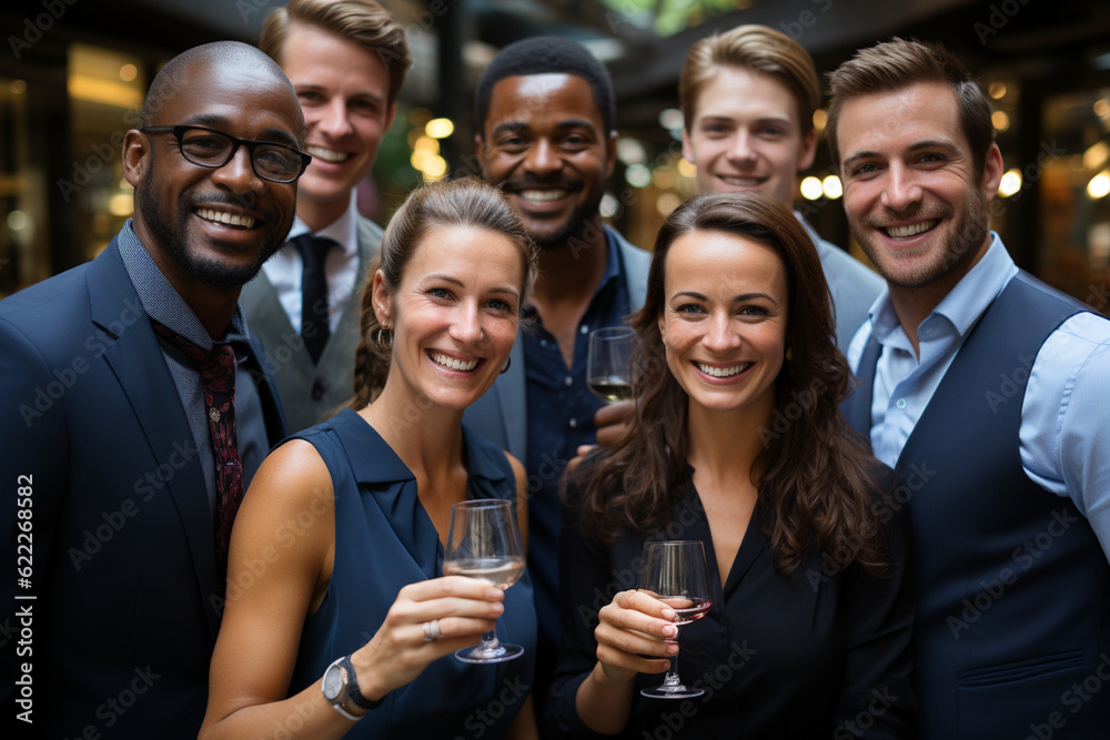 A group photo of colleagues smiling and raising a toast to celebrate their multicultural team, colleagues, portrait, business Generative AI A group photo of colleagues smiling and raising a toast to celebrate their multicultural team, colleagues, portrait, business Generative AI