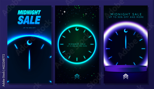 Set of Midnight Sale Poster and Social Media Story Templates. 3D rendering of empty podium with neon clock. Up to 50% off and more tagline and Swipe Up Icon CTA on bottom. Vector. EPS 10