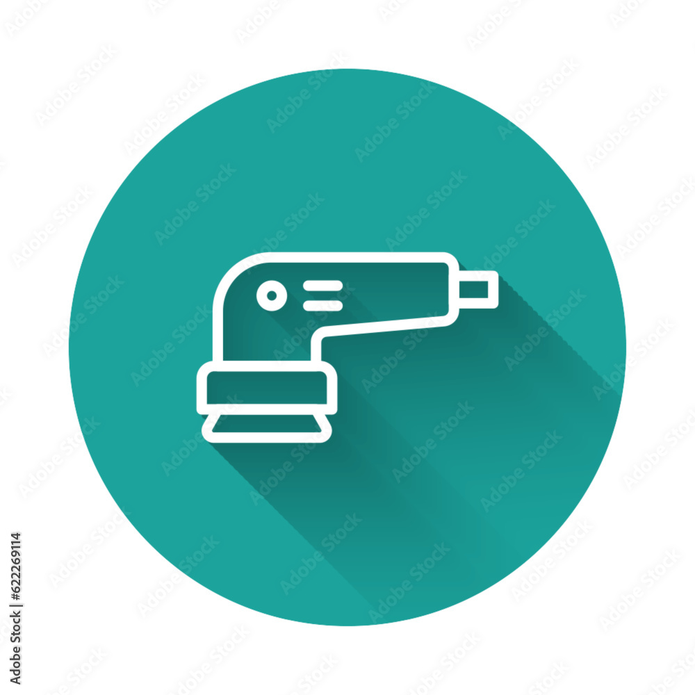 White line Electric sander icon isolated with long shadow background. Orbital sander. For floor and wooden planks sanding sandpaper. Green circle button. Vector White line Electric sander icon isolated with long shadow background. Orbital sander. For floor and wooden planks sanding sandpaper. Green circle button. Vector