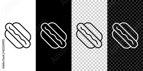 Set line Hotdog sandwich icon isolated on black and white, transparent background. Sausage icon. Fast food sign. Vector
