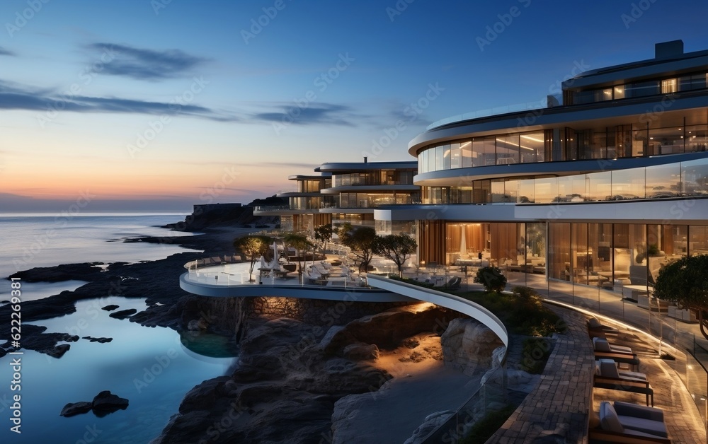 A majestic coastal cliff with a grand building perched on top overlooking the ocean. AI