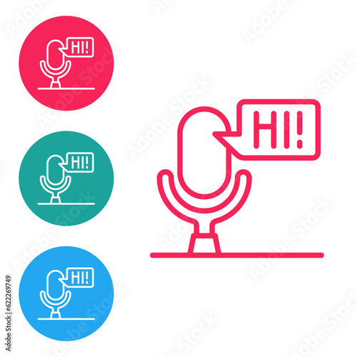 Red line Microphone voice device icon isolated on white background. Microphone interpreter and alphabet letters. Set icons in circle buttons. Vector