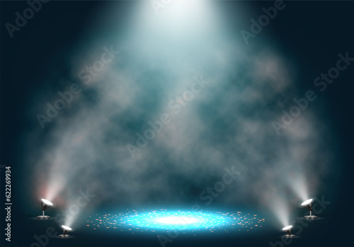 Spotlights. Scene for presentation illuminated by spotlights with smoke. Vector illustration.