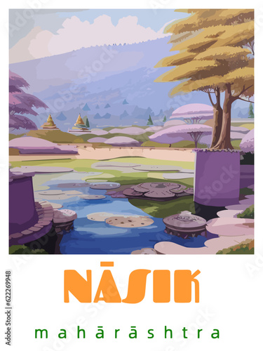 Nāsik: Retro tourism poster with an Indian landscape and the headline Nāsik / Mahārāshtra photo