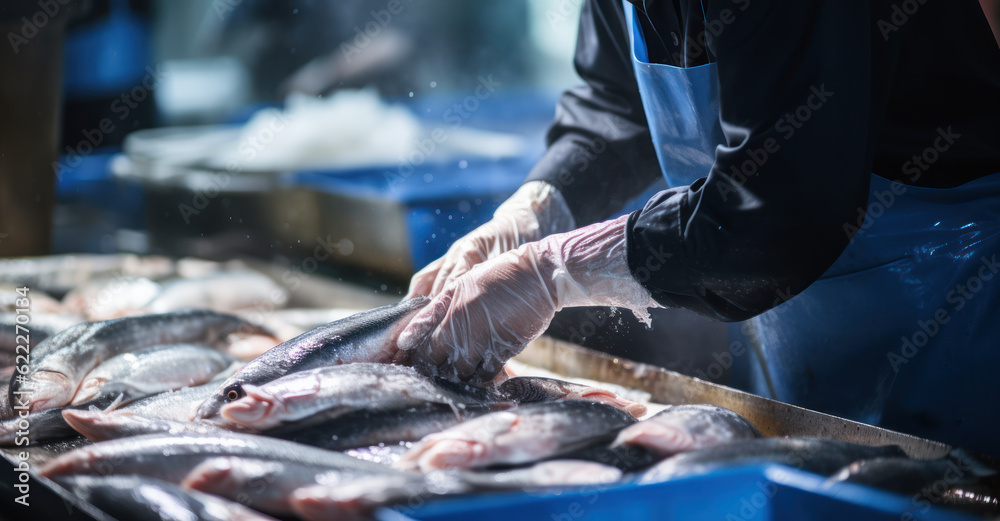 fishmonger picking fish in fish market - obrazy, fototapety, plakaty 