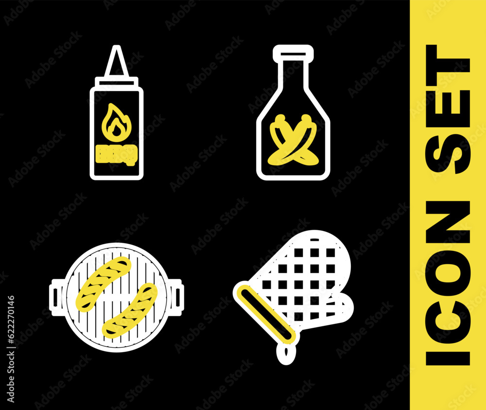 Set line Ketchup bottle, Oven glove, Barbecue grill with sausage and icon. Vector Set line Ketchup bottle, Oven glove, Barbecue grill with sausage and icon. Vector