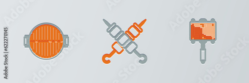 Set line Barbecue steel grid, grill and Grilled shish kebab icon. Vector