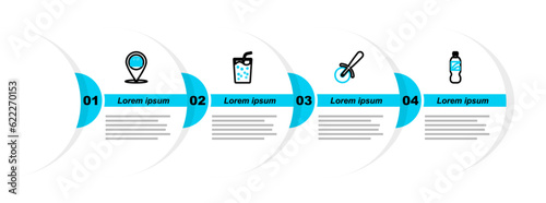 Set line Bottle of water, Pizza knife, Glass with and Location burger icon. Vector