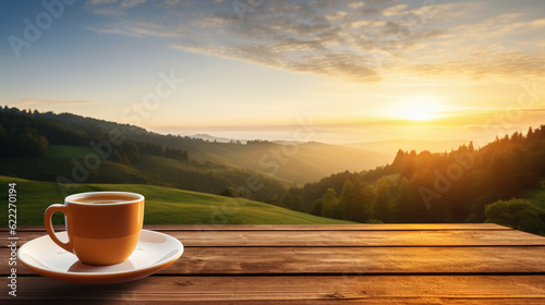 mug of coffee on wooden table on nature landscape