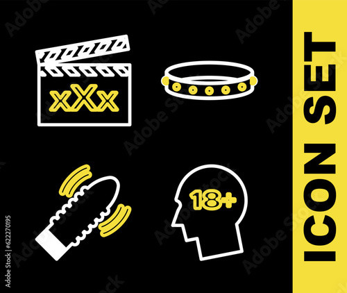 Set line Leather fetish collar, Head with 18 plus, Dildo vibrator for sex games and Movie clapper Sex icon. Vector