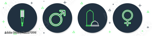 Set line Male gender symbol, Condoms safe sex, Spanking paddle and Female icon. Vector