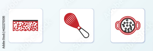 Set line Cooking soup in pot, Sponge with bubbles and Kitchen whisk icon. Vector