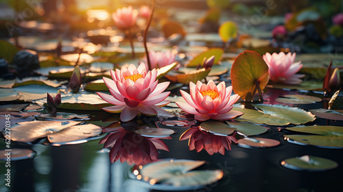Beautiful pink lotus flowers created with generative AI technology photo
