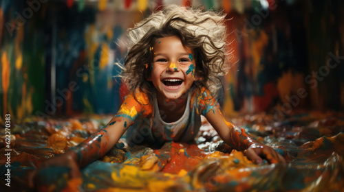 Fotografie, Obraz Happy laughing boy smeared in colourful paint created with generative AI technol