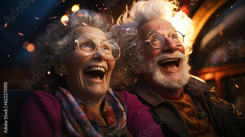 an old couple in love have a lot of fun being young again. they laugh and drive a fast vehicle, generative AI