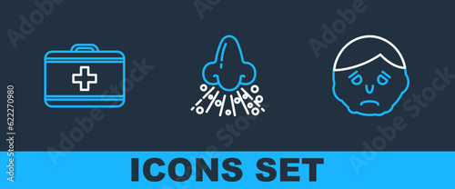 Set line Inflammation on face, First aid kit and Runny nose icon. Vector