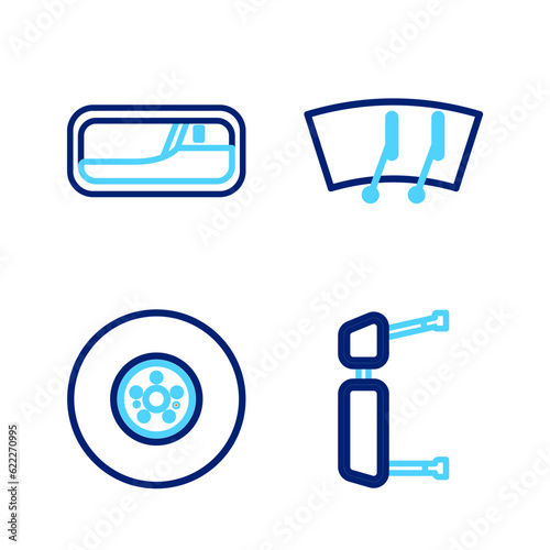Set line Truck side mirror, Car brake disk, Windscreen wiper and door handle icon. Vector
