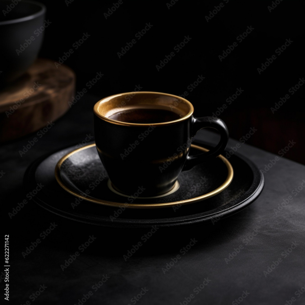A cup of coffee sits on a saucer with a spoon.